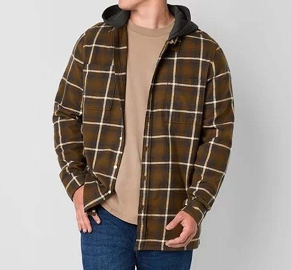 Arizona Jean 2XLT Hooded Shirt Jacket Brown Black Plaid Flannel Shacket Hoodie